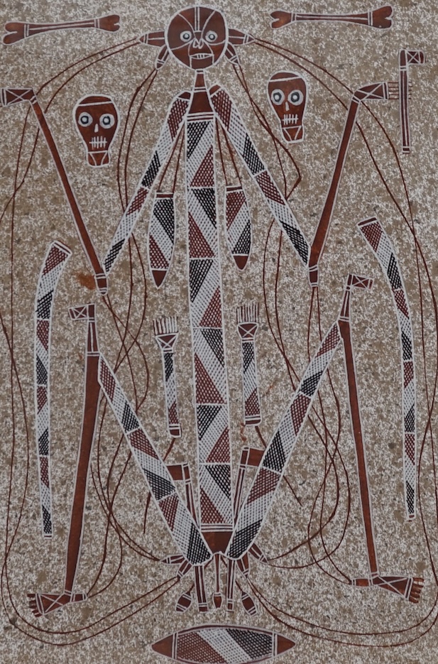 Bruce Nabegeyo (c.1949-2009), Aboriginal mixed media on paper, Stylised figure, 57 x 39cm. Condition - good